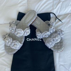 CHANEL lavender gray tweed sandals